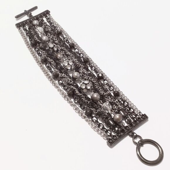 Gunmetal Silver Multi Chain Statement Bracelet Toggle Clasp 7.75" - Picture 2 of 5